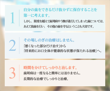 1．自分の歯をできるだけ抜かずに保存することを第一に考えます。2．その場しのぎの治療はしません。3．時間をかけてしっかりと治します。